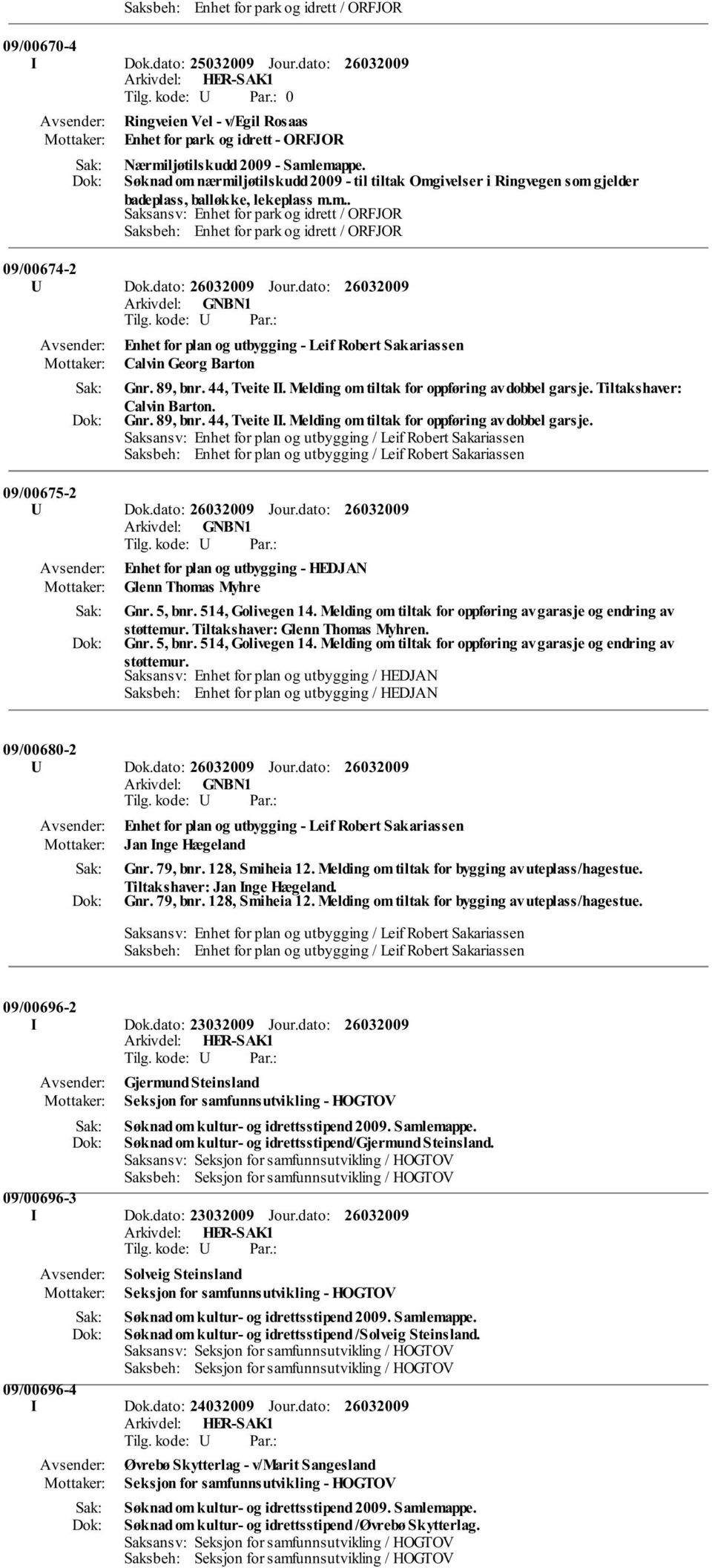 dato: Jour.dato: Enhet for plan og utbygging - Leif Robert Sakariassen Calvin Georg Barton Gnr. 89, bnr. 44, Tveite II. Melding om tiltak for oppføring av dobbel garsje. Tiltakshaver: Calvin Barton.