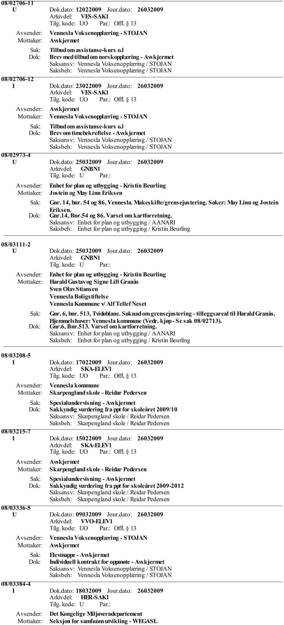 l Brev om timebekreftelse - Avskjermet 08/02973-4 U Dok.dato: 25032009 Jour.dato: Enhet for plan og utbygging - Kristin Beurling Jostein og May Linn Eriksen Gnr. 14, bnr. 54 og 86, Vennesla.