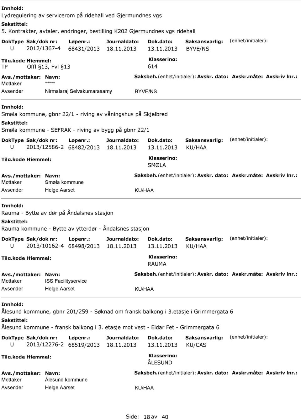 68482/2013 13.11.2013 K/HAA SMØLA Mottaker Smøla kommune Helge Aarset K/HAA Rauma - Bytte av dør på Åndalsnes stasjon Rauma kommune - Bytte av ytterdør - Åndalsnes stasjon 2013/10162-4 68498/2013 13.