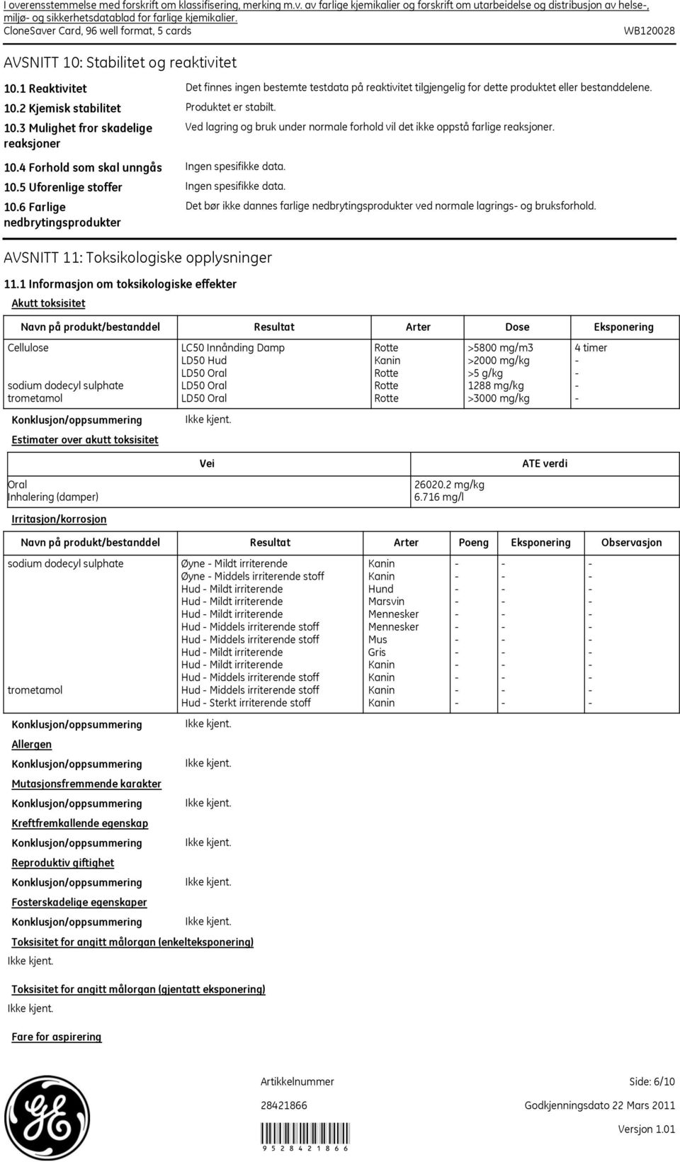 3 Mulighet fror skadelige reaksjoner 10.4 Forhold som skal unngås 10.5 Uforenlige stoffer 10.6 Farlige nedbrytingsprodukter Produktet er stabilt.