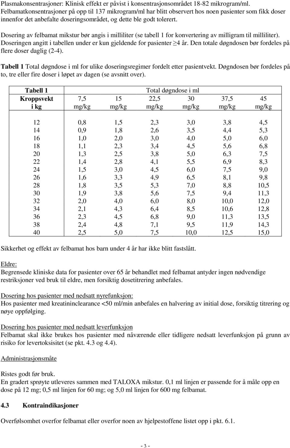 Dosering av felbamat mikstur bør angis i milliliter (se tabell 1 for konvertering av milligram til milliliter). Doseringen angitt i tabellen under er kun gjeldende for pasienter 4 år.