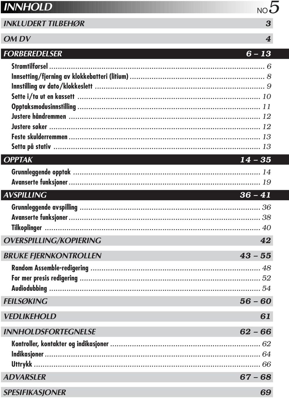 .. 9 AVSPILLING 36 4 Grunnleggende avspilling... 36 Avanserte funksjoner... 38 Tilkoplinger... 40 OVERSPILLING/KOPIERING 4 BRUKE FJERNKONTROLLEN 43 55 Random Assemble-redigering.