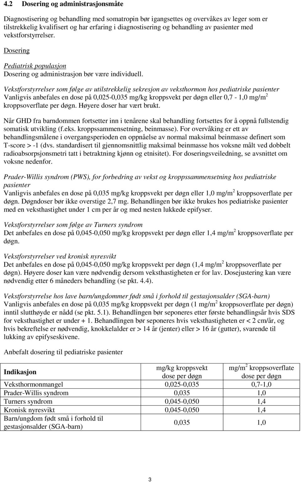 Vekstforstyrrelser som følge av utilstrekkelig sekresjon av veksthormon hos pediatriske pasienter Vanligvis anbefales en dose på 0,025-0,035 mg/kg kroppsvekt per døgn eller 0,7-1,0 mg/m 2