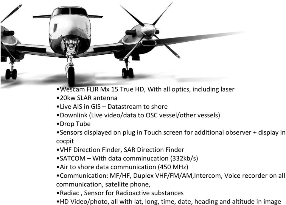 Finder SATCOM With data comminucation (332kb/s) Air to shore data communication (450 MHz) Communication: MF/HF, Duplex VHF/FM/AM,Intercom, Voice