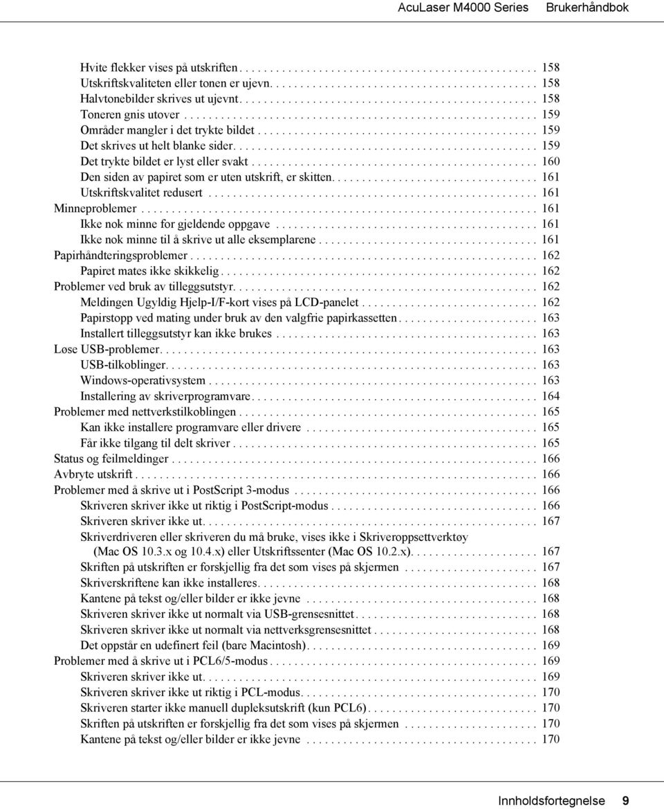 ............................................. 159 Det skrives ut helt blanke sider.................................................. 159 Det trykte bildet er lyst eller svakt.