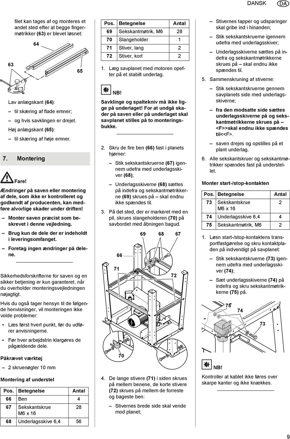 Monter saven præcist som beskrevet i denne vejledning. Brug kun de dele der er indeholdt i leveringsomfanget. Foretag ingen ændringer på delene.