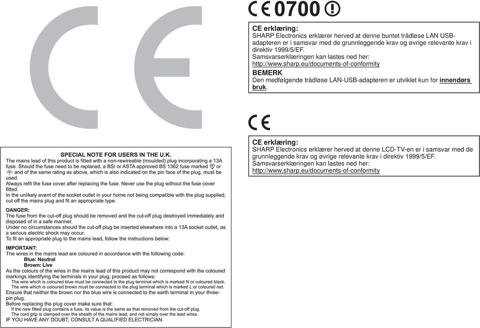 eu/documents-of-conformity Den medfølgende trådløse LAN-USB-adapteren er utviklet kun for innendørs bruk.