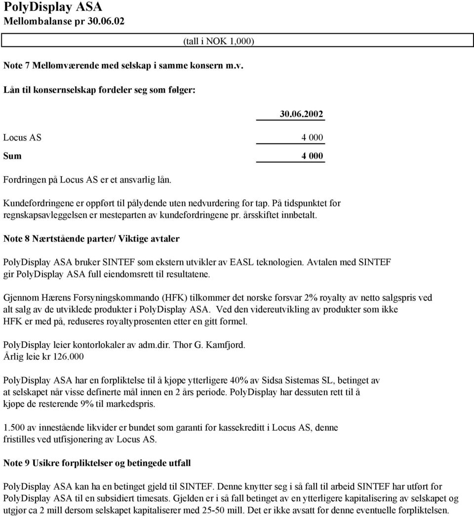 Note 8 Nærtstående parter/ Viktige avtaler PolyDisplay ASA bruker SINTEF som ekstern utvikler av EASL teknologien. Avtalen med SINTEF gir PolyDisplay ASA full eiendomsrett til resultatene.