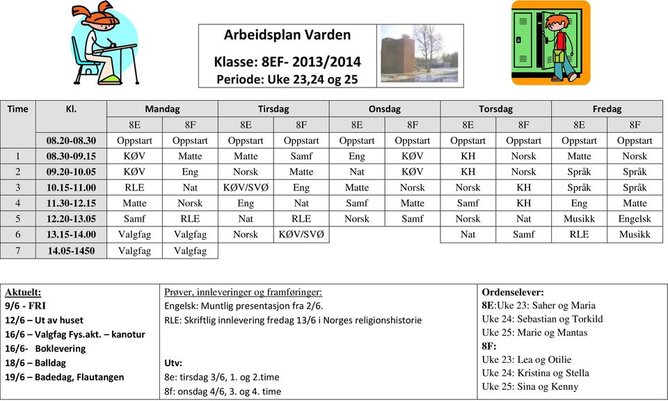 05 KØV Eng Norsk Matte Nat KØV KH Norsk Språk Språk 3 10.15-11.00 RLE Nat KØV/SVØ Eng Matte Norsk Norsk KH Språk Språk 4 11.30-12.15 Matte Norsk Eng Nat Samf Matte Samf KH Eng Matte 5 12.20-13.