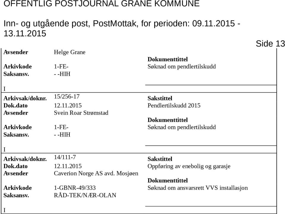 2015 Pendlertilskudd 2015 Avsender Svein Roar Strømstad Saksansv. - -HH Arkivsak/doknr. 14/111-7 Sakstittel Dok.