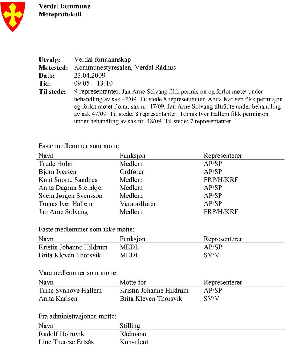 Jan Arne Solvang tiltrådte under behandling av sak 47/09. Til stede: 8 representanter. Tomas Iver Hallem fikk permisjon under behandling av sak nr. 48/09. Til stede: 7 representanter.