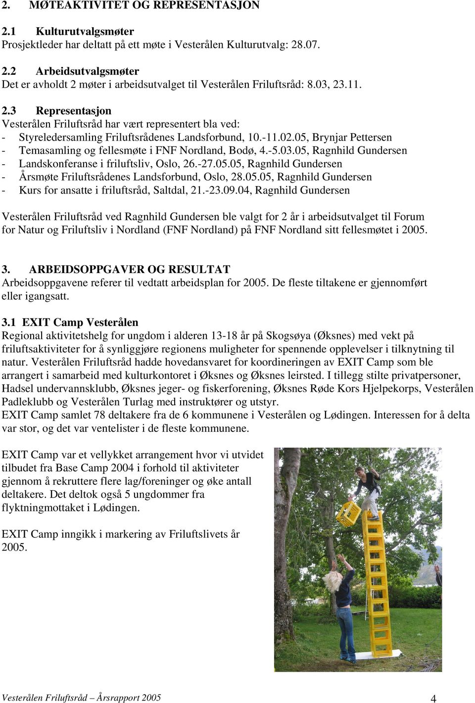 05, Brynjar Pettersen - Temasamling og fellesmøte i FNF Nordland, Bodø, 4.-5.03.05, Ragnhild Gundersen - Landskonferanse i friluftsliv, Oslo, 26.-27.05.05, Ragnhild Gundersen - Årsmøte Friluftsrådenes Landsforbund, Oslo, 28.