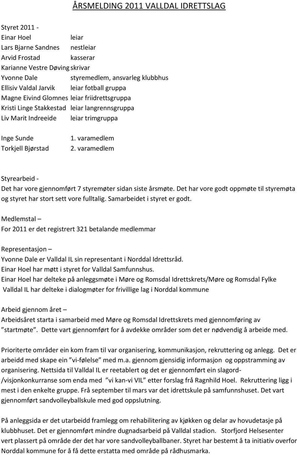 1. varamedlem 2. varamedlem Styrearbeid - Det har vore gjennomført 7 styremøter sidan siste årsmøte. Det har vore godt oppmøte til styremøta og styret har stort sett vore fulltalig.