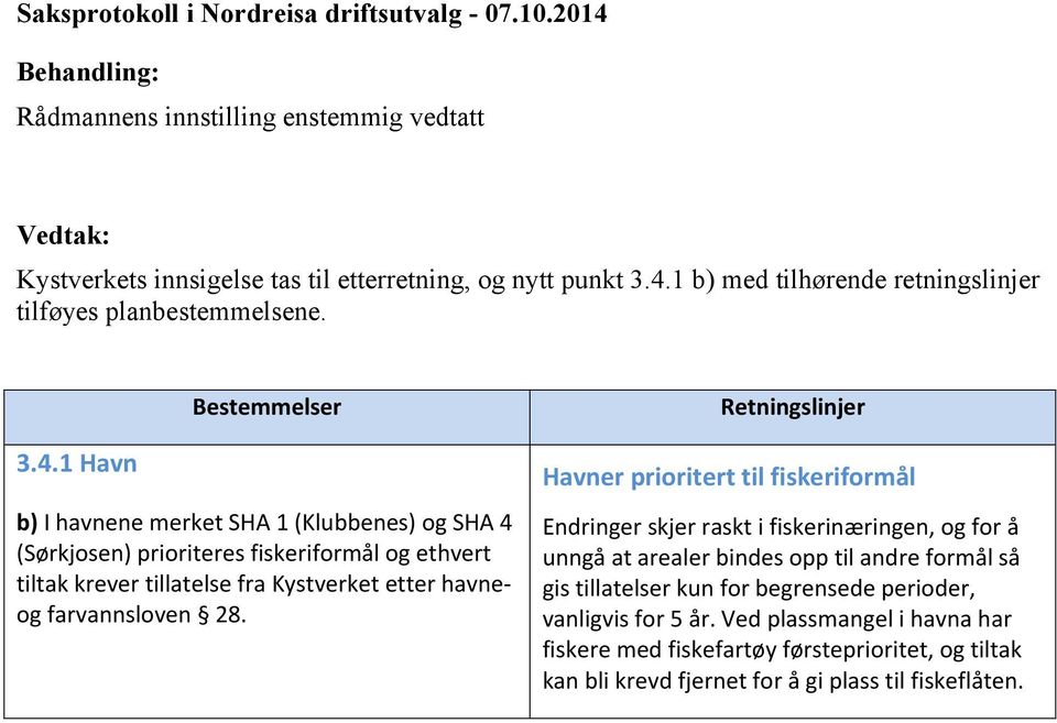 1 Havn Bestemmelser b) I havnene merket SHA 1 (Klubbenes) og SHA 4 (Sørkjosen) prioriteres fiskeriformål og ethvert tiltak krever tillatelse fra Kystverket etter havneog