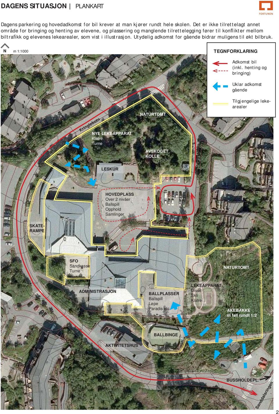 illustrasjon. Utydelig adkomst for gående bidrar muligens til økt bilbruk. N m 1:1000 TEGNFORKLARING Kringlebotn NYE LEKEAPPARAT Klatre Turne AVSKOGET KOLLE Adkomst bil (inkl.