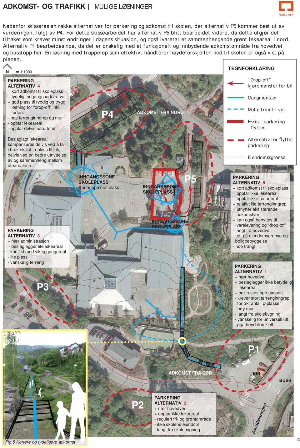 nord. Alternativ P1 bearbeides noe, da det er ønskelig med et funksjonelt og innbydende adkomstområde fra hovedvei og busstopp her.