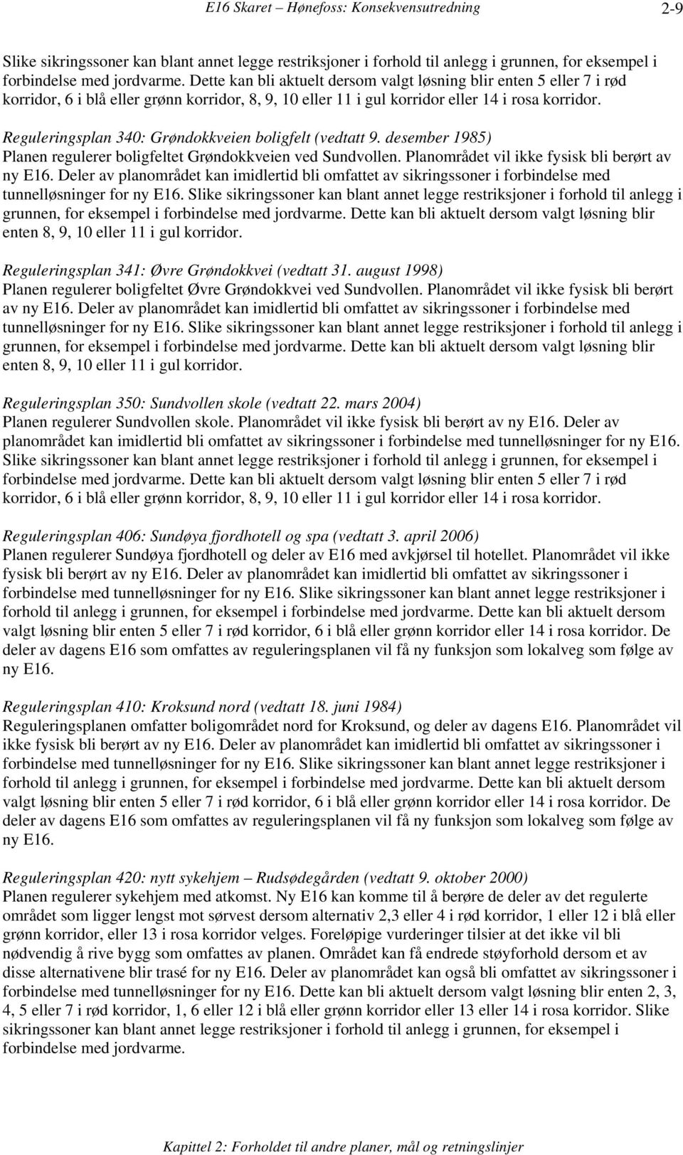 Reguleringsplan 340: Grøndokkveien boligfelt (vedtatt 9. desember 1985) Planen regulerer boligfeltet Grøndokkveien ved Sundvollen. Planområdet vil ikke fysisk bli berørt av ny E16.