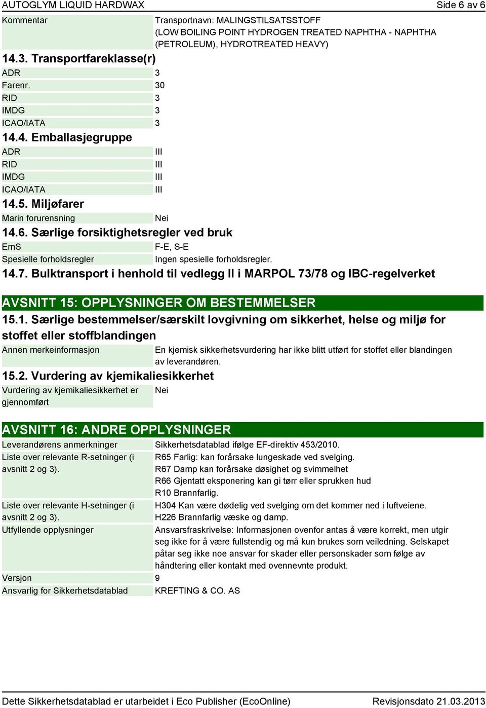 4. Emballasjegruppe ADR RID IMDG ICAO/IATA Transportnavn: MALINGSTILSATSSTOFF (LOW BOILING POINT HYDROGEN TREATED NAPHTHA - NAPHTHA (PETROLEUM), HYDROTREATED HEAVY) 14.5.