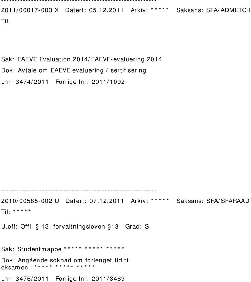 evaluering / sertifisering Lnr: 3474/2011 Forrige lnr: 2011/1092 2010/00585-002 U Datert: 07.12.