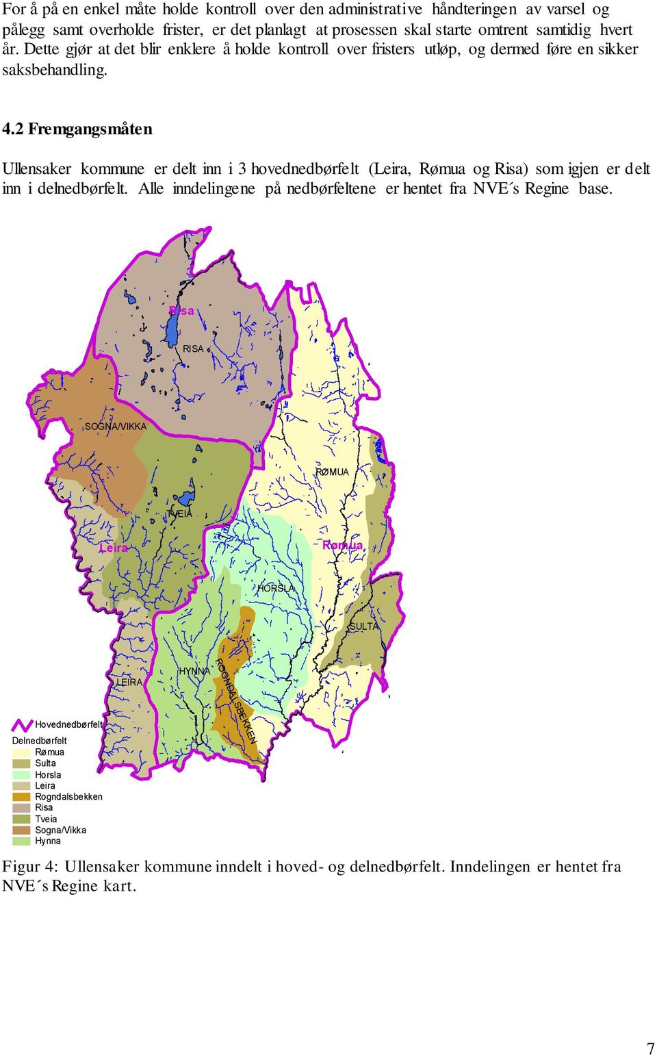 2 Fremgangsmåten Ullensaker kommune er delt inn i 3 hovednedbørfelt (Leira, Rømua og Risa) som igjen er delt inn i delnedbørfelt. Alle inndelingene på nedbørfeltene er hentet fra NVE s Regine base.