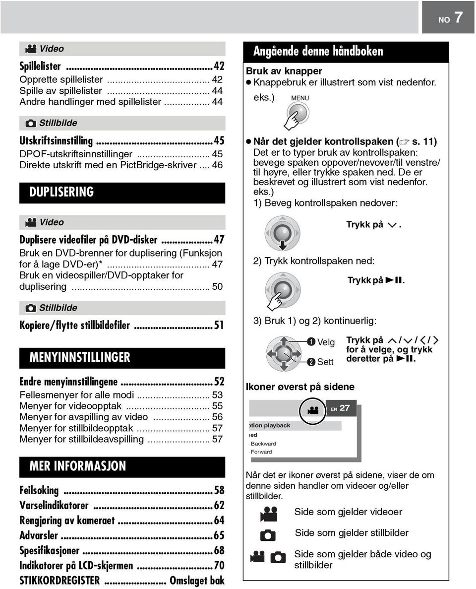 .. 47 Bruk en videospiller/dvd-opptaker for duplisering... 50 Stillbilde Kopiere/flytte stillbildefiler...5 MENYINNSTILLINGER Endre menyinnstillingene...52 Fellesmenyer for alle modi.