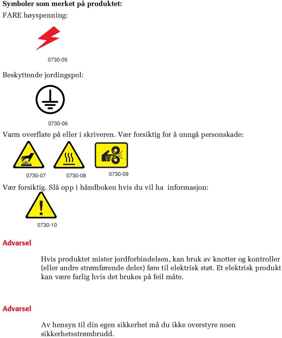 Slå opp i håndboken hvis du vil ha informasjon: 0730-10 Advarsel Hvis produktet mister jordforbindelsen, kan bruk av knotter og kontroller