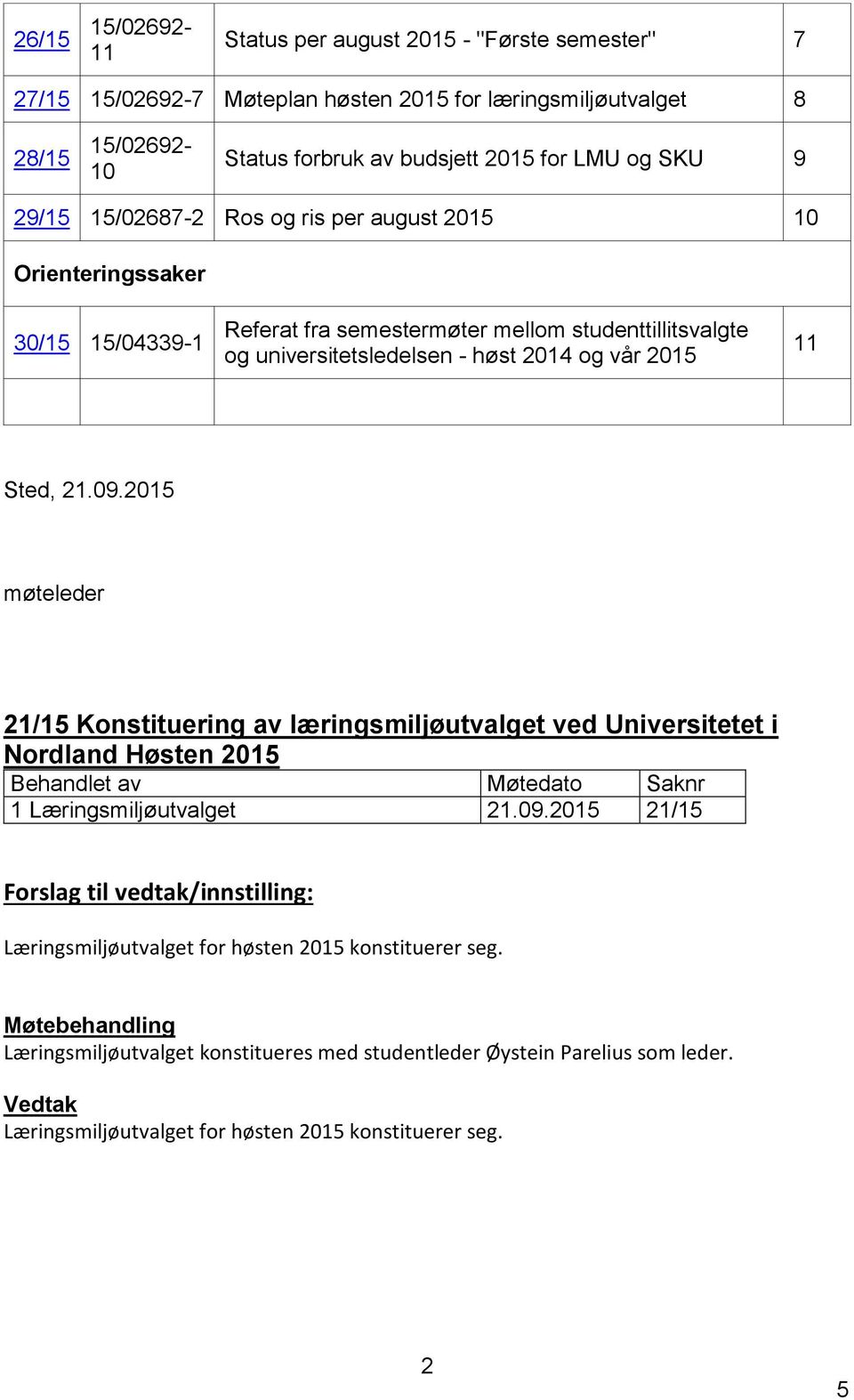 2015 møteleder 21/15 Konstituering av læringsmiljøutvalget ved Universitetet i Nordland Høsten 2015 Behandlet av Møtedato Saknr 1 Læringsmiljøutvalget 21.09.