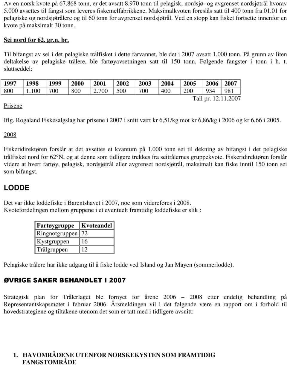 Sei nord for 62. gr.n. br. Til bifangst av sei i det pelagiske trålfisket i dette farvannet, ble det i 2007 avsatt 1.000 tonn.