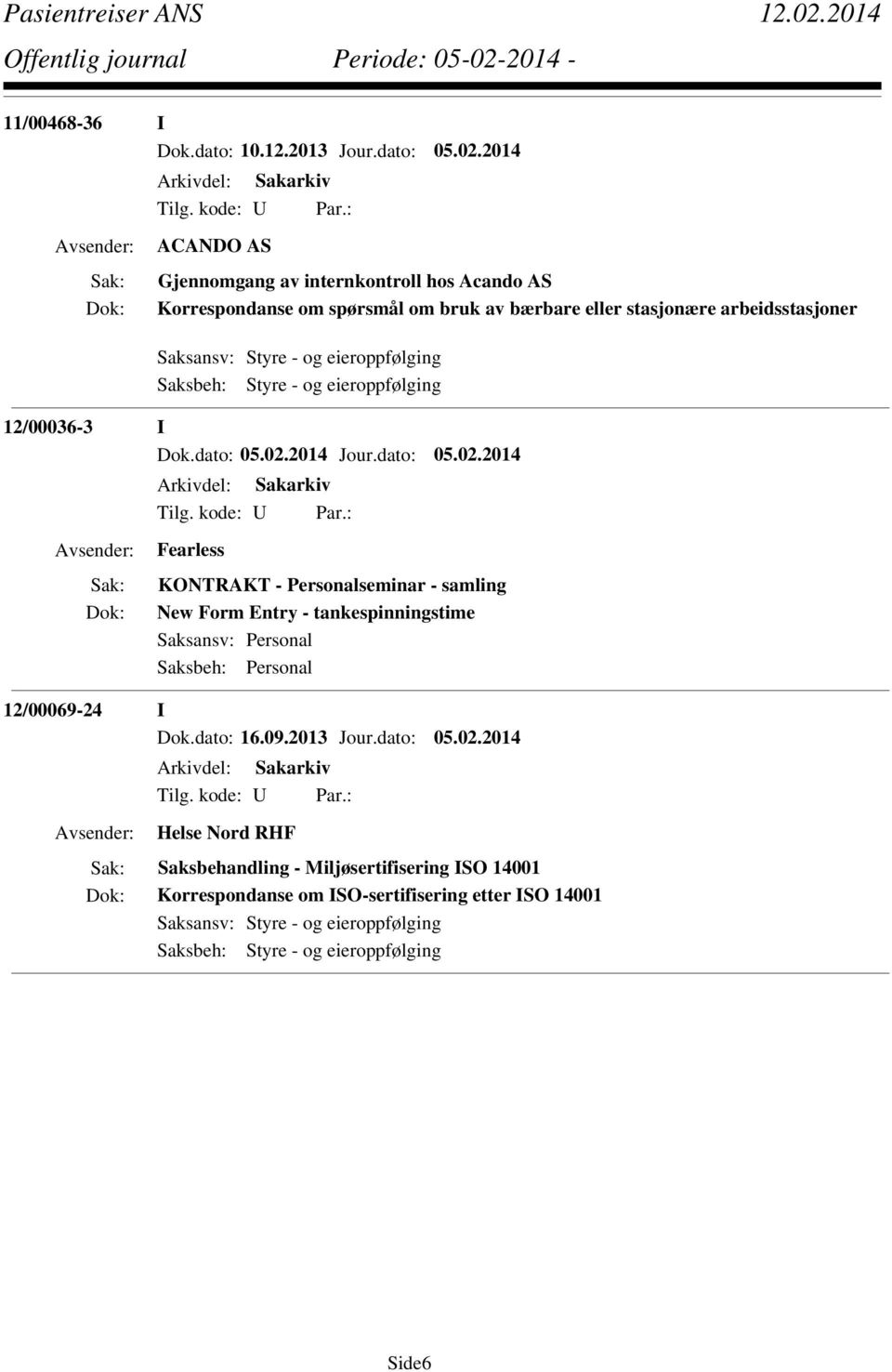 arbeidsstasjoner 12/00036-3 I Fearless KONTRAKT - Personalseminar - samling New Form Entry - tankespinningstime Saksansv: