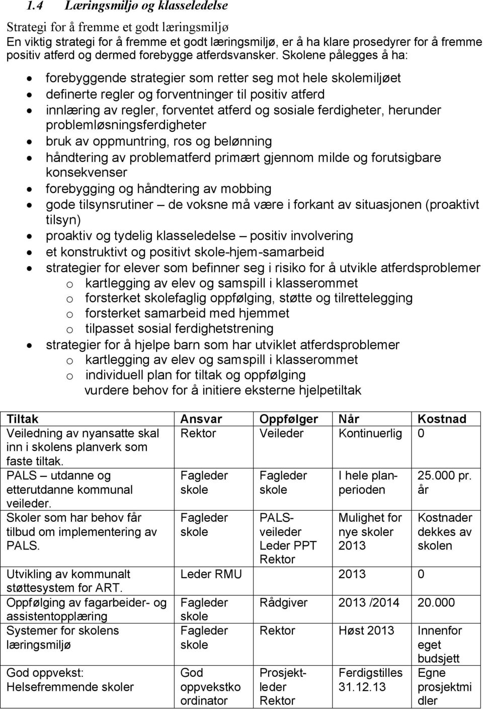 Skolene pålegges å ha: forebyggende strategier som retter seg mot hele miljøet definerte regler og forventninger til positiv atferd innlæring av regler, forventet atferd og sosiale ferdigheter,