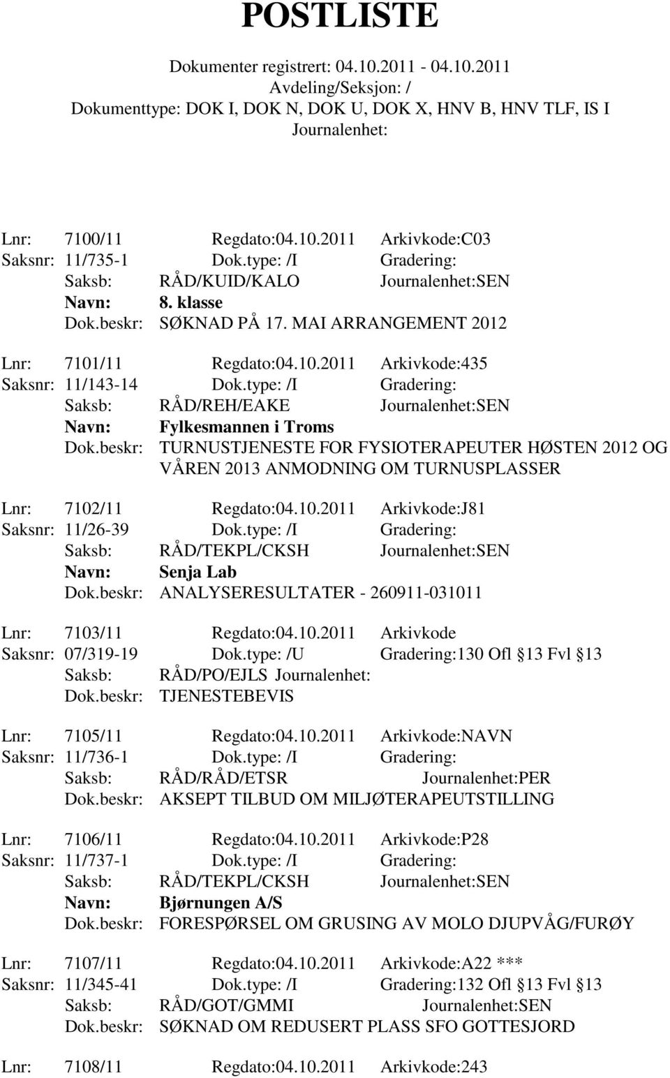 beskr: TURNUSTJENESTE FOR FYSIOTERAPEUTER HØSTEN 2012 OG VÅREN 2013 ANMODNING OM TURNUSPLASSER Lnr: 7102/11 Regdato:04.10.2011 Arkivkode:J81 Saksnr: 11/26-39 Dok.