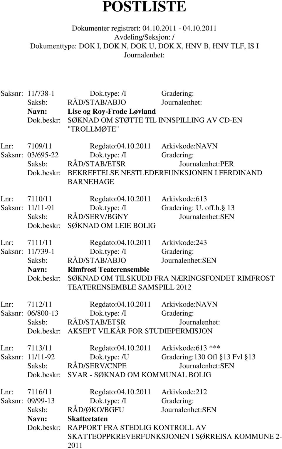 type: /I Gradering: U. off.h. 13 Saksb: RÅD/SERV/BGNY SEN Dok.beskr: SØKNAD OM LEIE BOLIG Lnr: 7111/11 Regdato:04.10.2011 Arkivkode:243 Saksnr: 11/739-1 Dok.