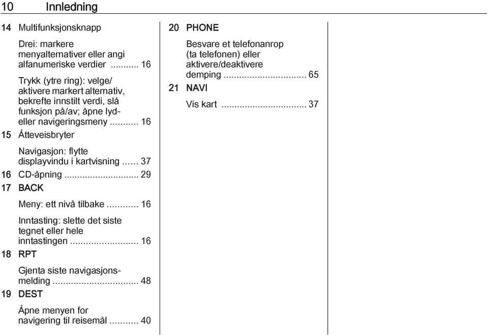 .. 16 15 Åtteveisbryter Navigasjon: flytte displayvindu i kartvisning... 37 16 CD-åpning... 29 17 BACK Meny: ett nivå tilbake.