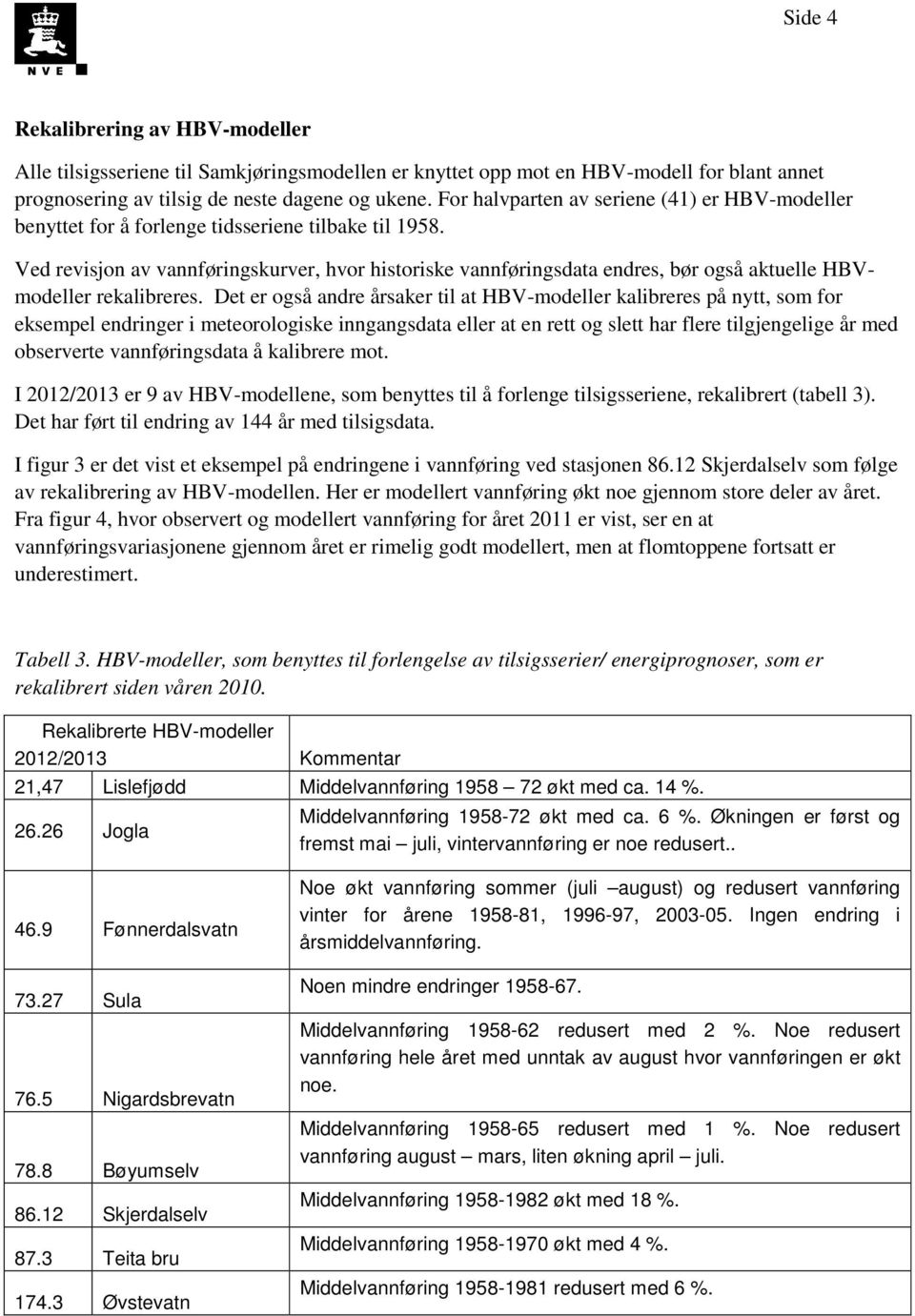 Ved revisjon av vannføringskurver, hvor historiske vannføringsdata endres, bør også aktuelle HBVmodeller rekalibreres.