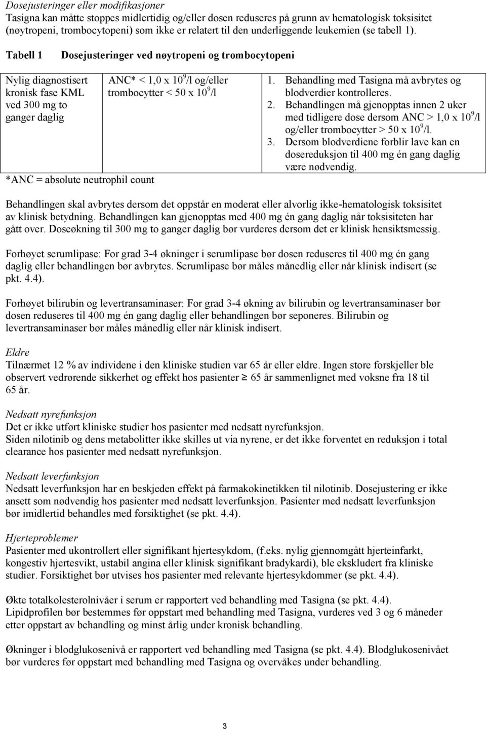 Tabell 1 Dosejusteringer ved nøytropeni og trombocytopeni Nylig diagnostisert kronisk fase KML ved 300 mg to ganger daglig *ANC = absolute neutrophil count ANC* < 1,0 x 10 9 /l og/eller trombocytter