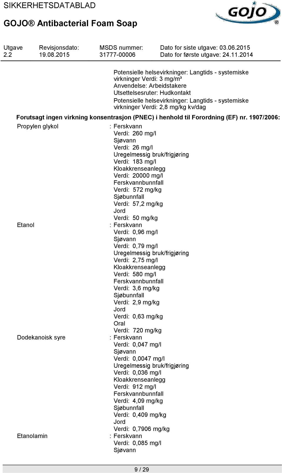 1907/2006: Propylen glykol Etanol Dodekanoisk syre Etanolamin : Ferskvann Verdi: 260 mg/l Sjøvann Verdi: 26 mg/l Uregelmessig bruk/frigjøring Verdi: 183 mg/l Kloakkrenseanlegg Verdi: 20000 mg/l