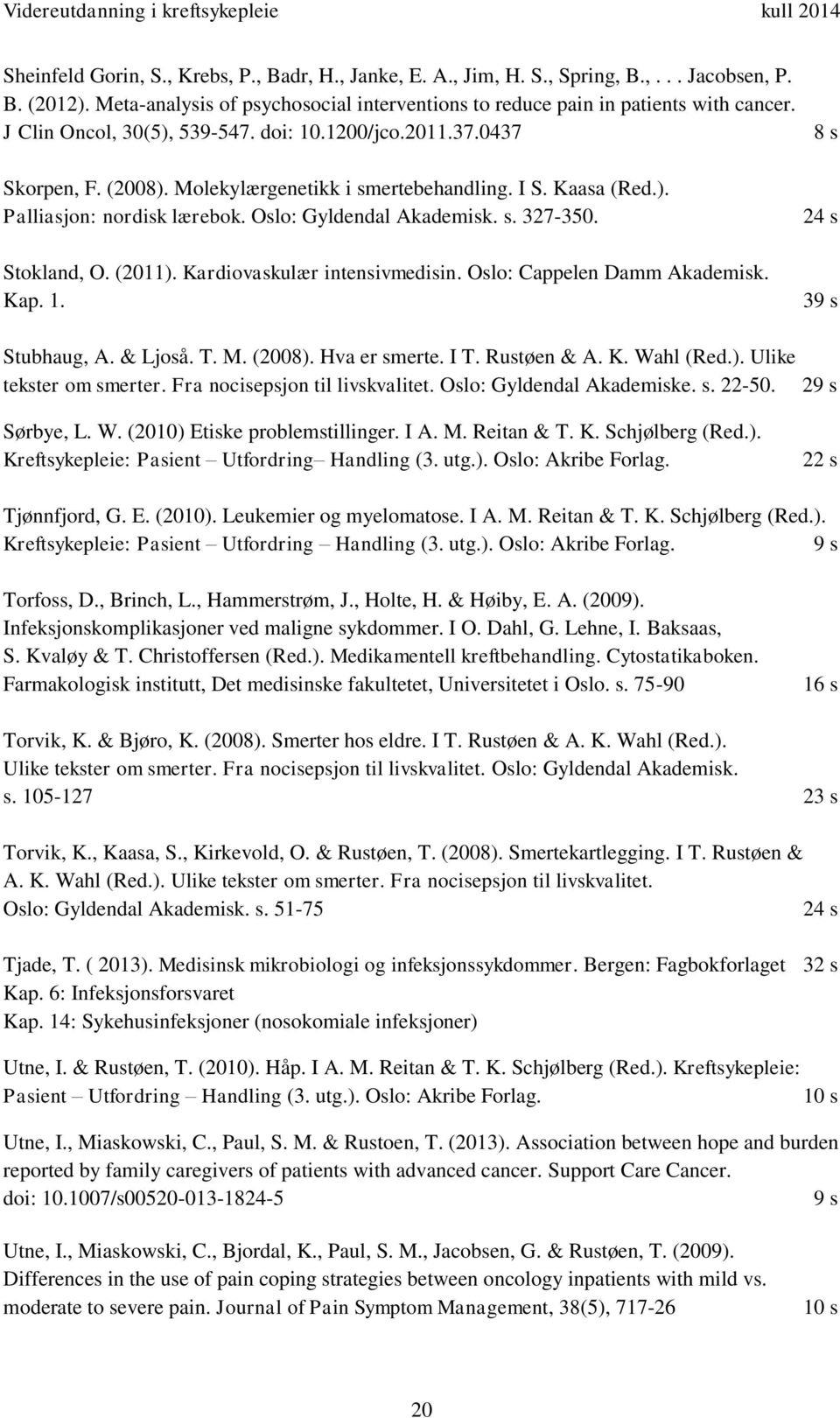 Stokland, O. (2011). Kardiovaskulær intensivmedisin. Oslo: Cappelen Damm Akademisk. Kap. 1. 8 s 24 s 39 s Stubhaug, A. & Ljoså. T. M. (2008). Hva er smerte. I T. Rustøen & A. K. Wahl (Red.). Ulike tekster om smerter.