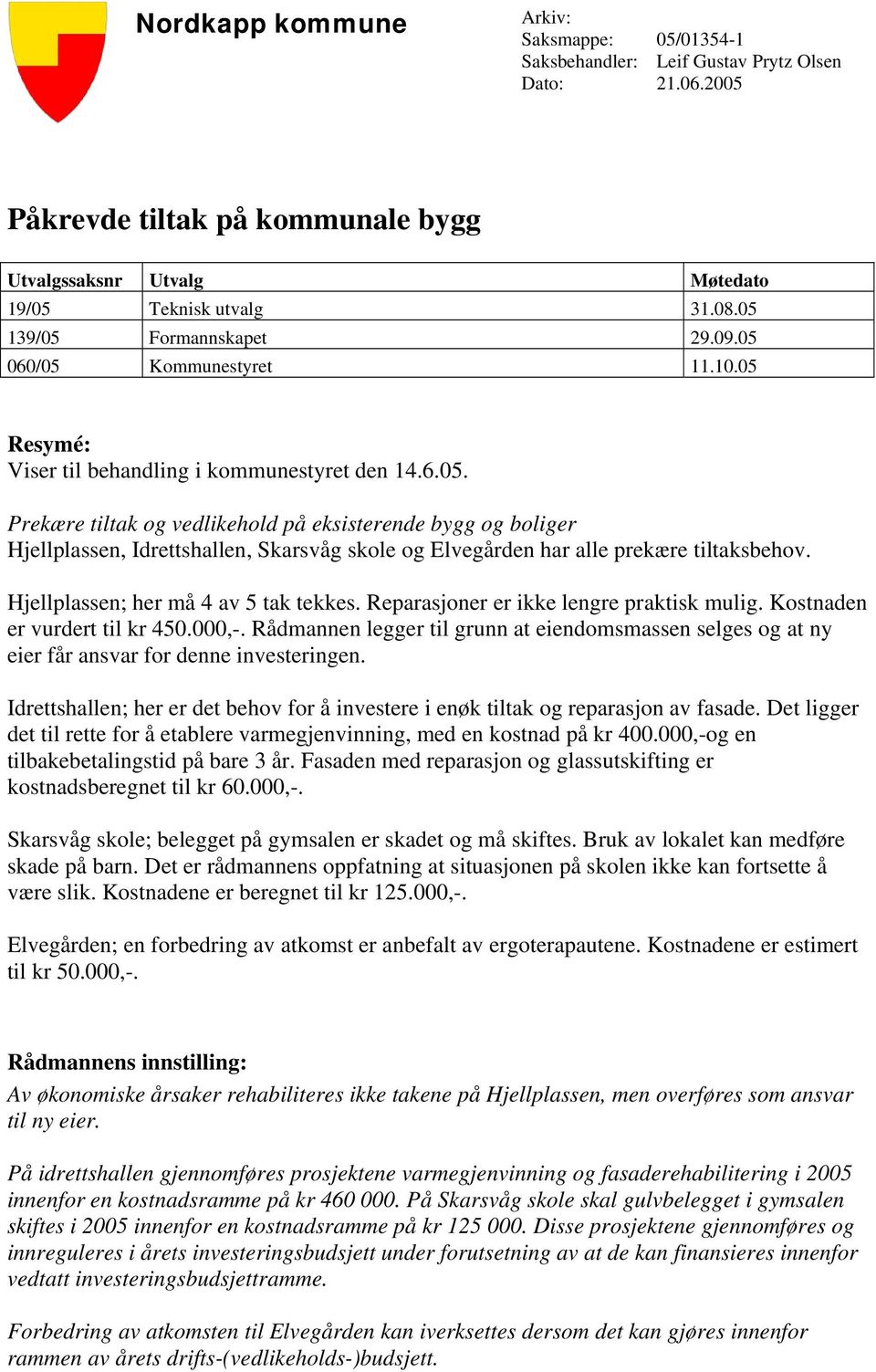 Hjellplassen; her må 4 av 5 tak tekkes. Reparasjoner er ikke lengre praktisk mulig. Kostnaden er vurdert til kr 450.000,-.