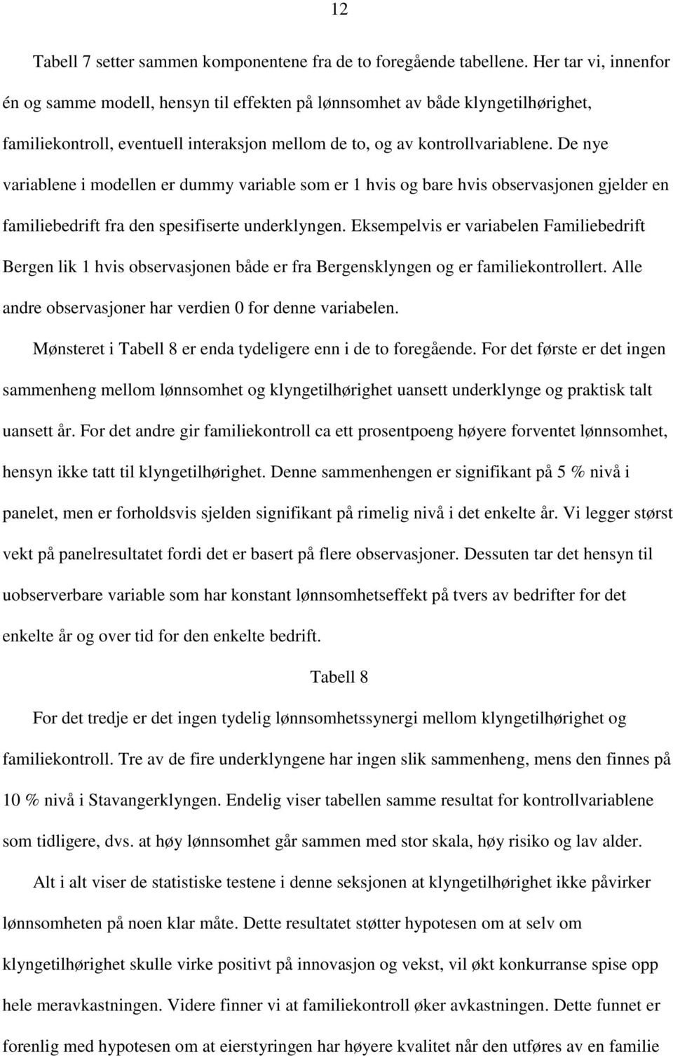 De nye variablene i modellen er dummy variable som er 1 hvis og bare hvis observasjonen gjelder en familiebedrift fra den spesifiserte underklyngen.