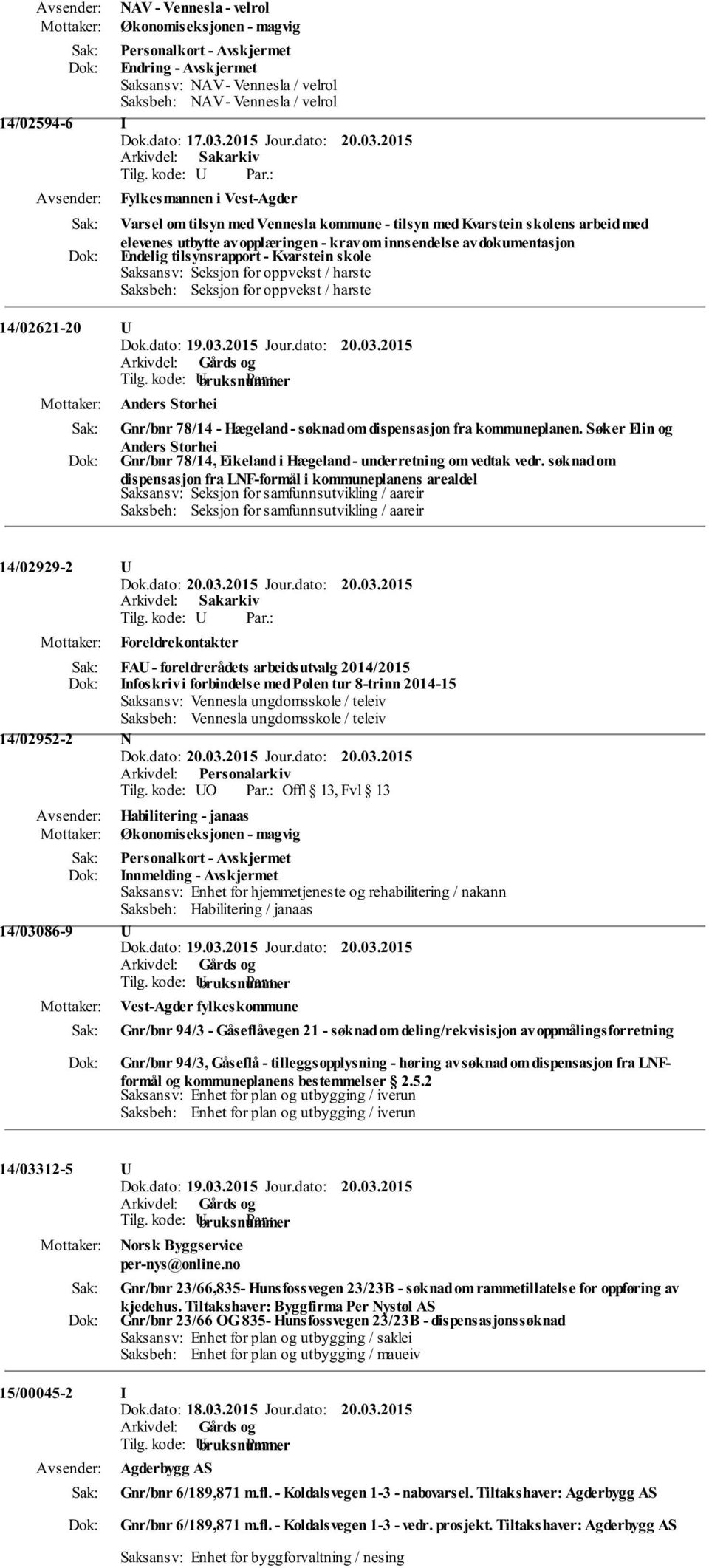 2015 Fylkesmannen i Vest-Agder Varsel om tilsyn med Vennesla kommune - tilsyn med Kvarstein skolens arbeid med elevenes utbytte av opplæringen - krav om innsendelse av dokumentasjon Endelig