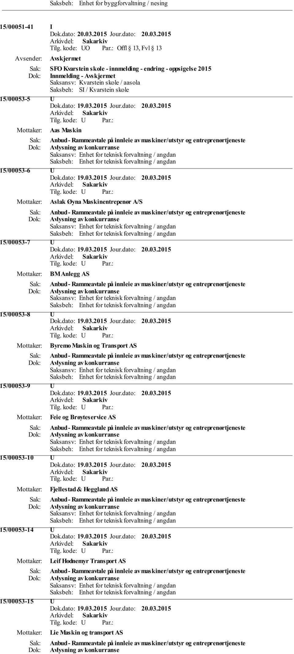 av maskiner/utstyr og entreprenørtjeneste Avlysning av konkurranse 15/00053-7 U BM Anlegg AS Anbud - Rammeavtale på innleie av maskiner/utstyr og entreprenørtjeneste Avlysning av konkurranse