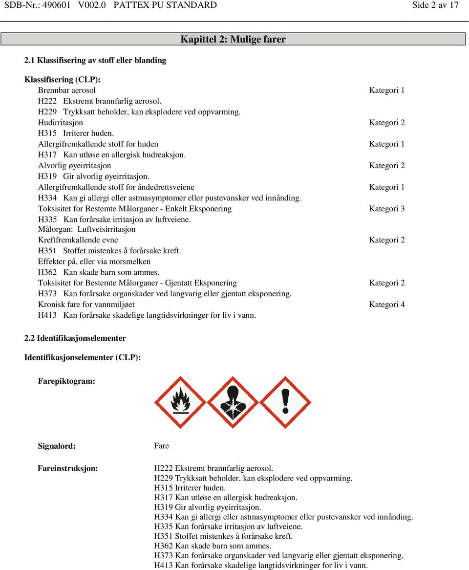 H229 Trykksatt beholder, kan eksplodere ved oppvarming. Hudirritasjon Kategori 2 H315 Irriterer huden. Allergifremkallende stoff for huden Kategori 1 H317 Kan utløse en allergisk hudreaksjon.