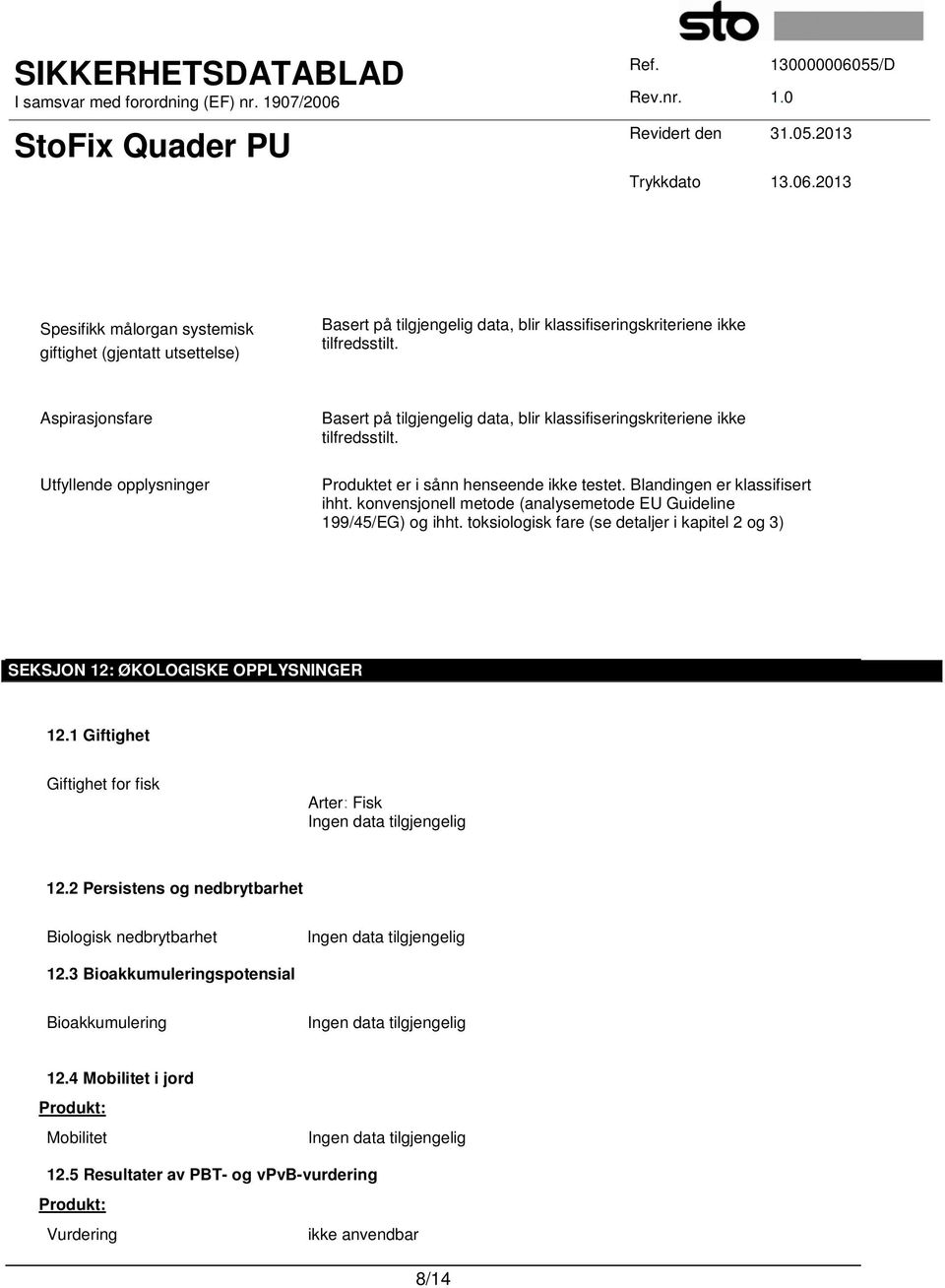 toksiologisk fare (se detaljer i kapitel 2 og 3) SEKSJON 12: ØKOLOGISKE OPPLYSNINGER 12.1 Giftighet Giftighet for fisk Arter: Fisk 12.