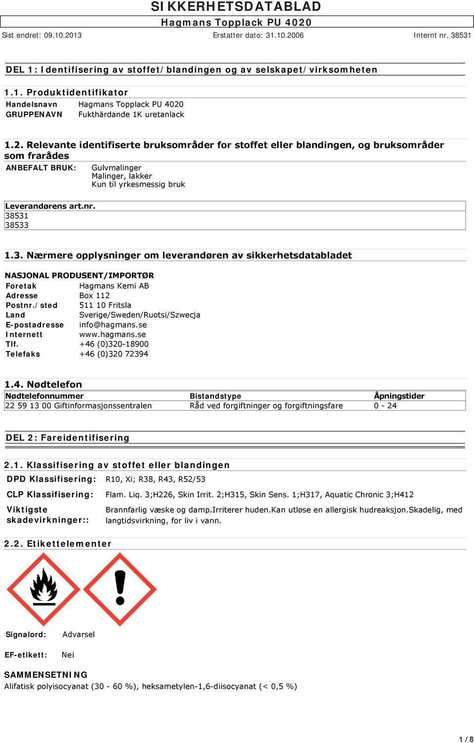 38531 38533 1.3. Nærmere opplysninger om leverandøren av sikkerhetsdatabladet NASJONAL PRODUSENT/IMPORTØR Foretak Hagmans Kemi AB Adresse Box 112 Postnr.