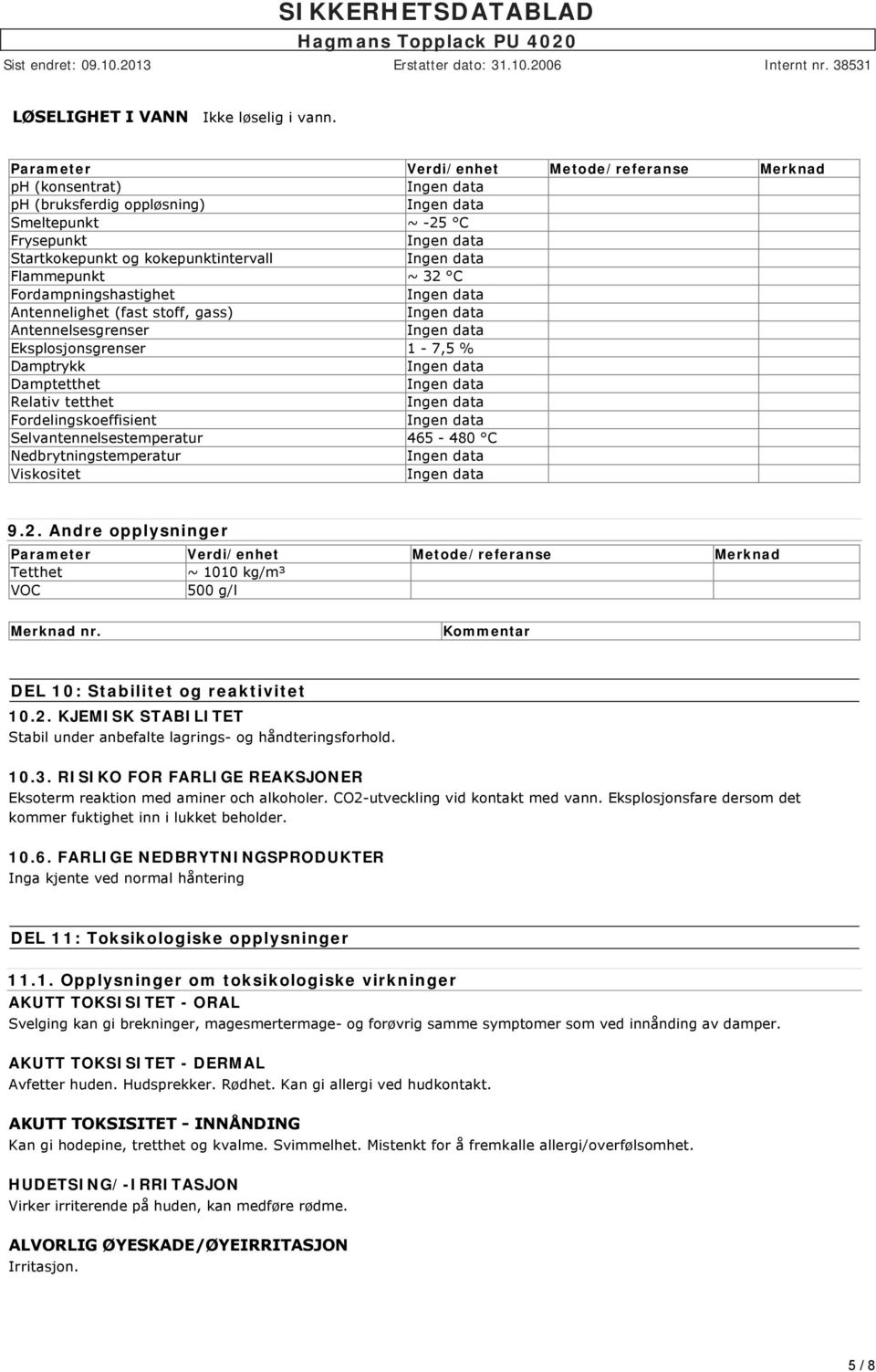 Antennelighet (fast stoff, gass) Antennelsesgrenser Eksplosjonsgrenser 1-7,5 % Damptrykk Damptetthet Relativ tetthet Fordelingskoeffisient Selvantennelsestemperatur 465 480 C Nedbrytningstemperatur