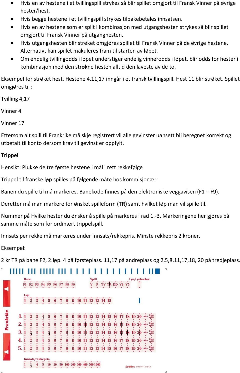 Hvis utgangshesten blir strøket omgjøres spillet til Fransk Vinner på de øvrige hestene. Alternativt kan spillet makuleres fram til starten av løpet.