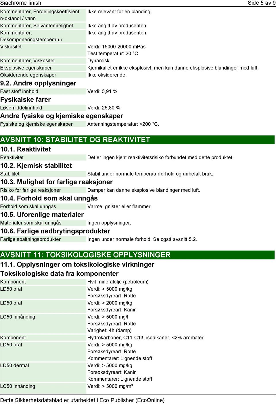 Andre opplysninger Fast stoff innhold Verdi: 5,91 % Fysikalske farer Løsemiddelinnhold Verdi: 25,80 % Andre fysiske og kjemiske egenskaper Fysiske og kjemiske egenskaper Antenningstemperatur: >200 C.