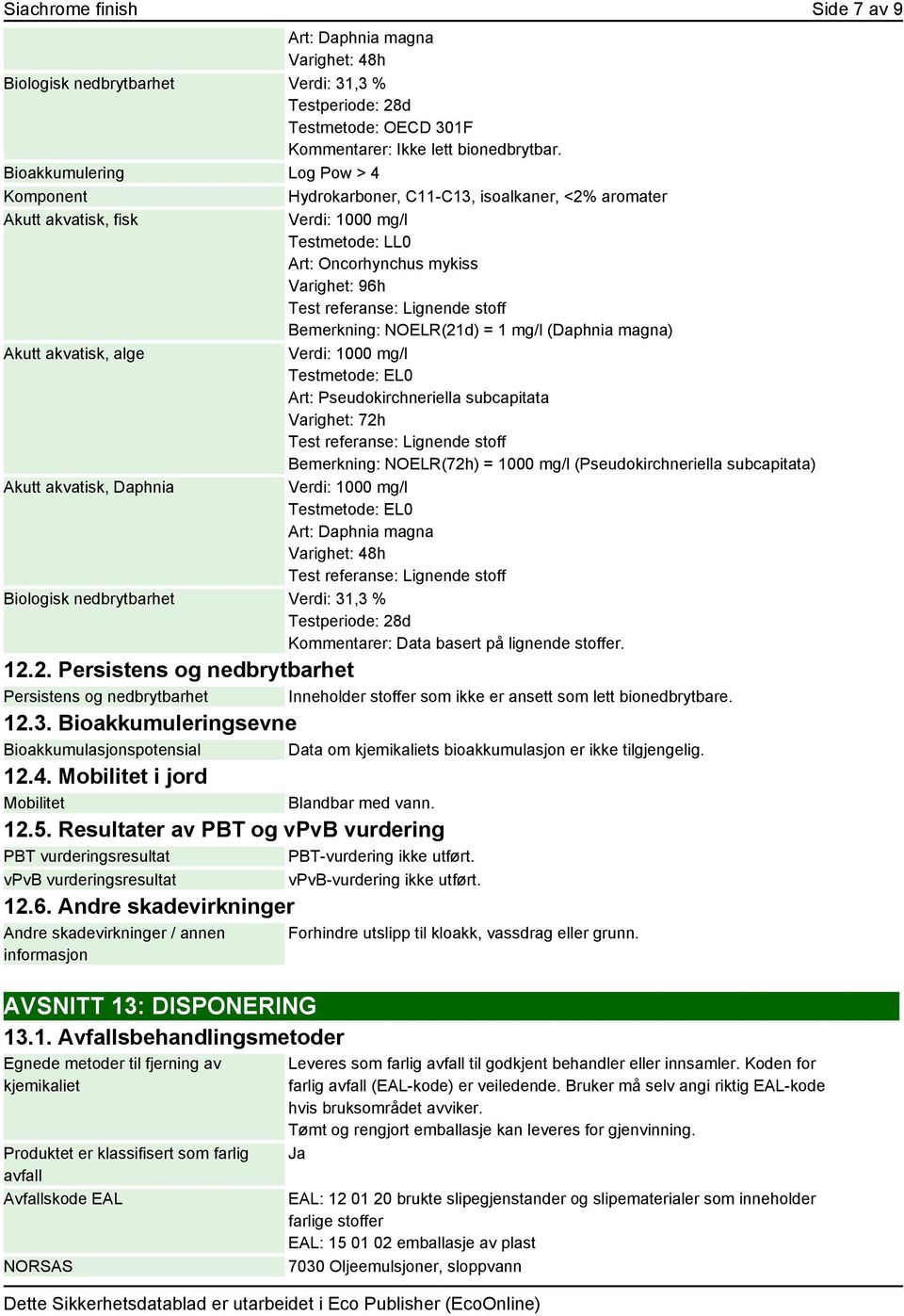 stoff Bemerkning: NOELR(21d) = 1 mg/l (Daphnia magna) Akutt akvatisk, alge Verdi: 1000 mg/l Testmetode: EL0 Art: Pseudokirchneriella subcapitata Varighet: 72h Test referanse: Lignende stoff