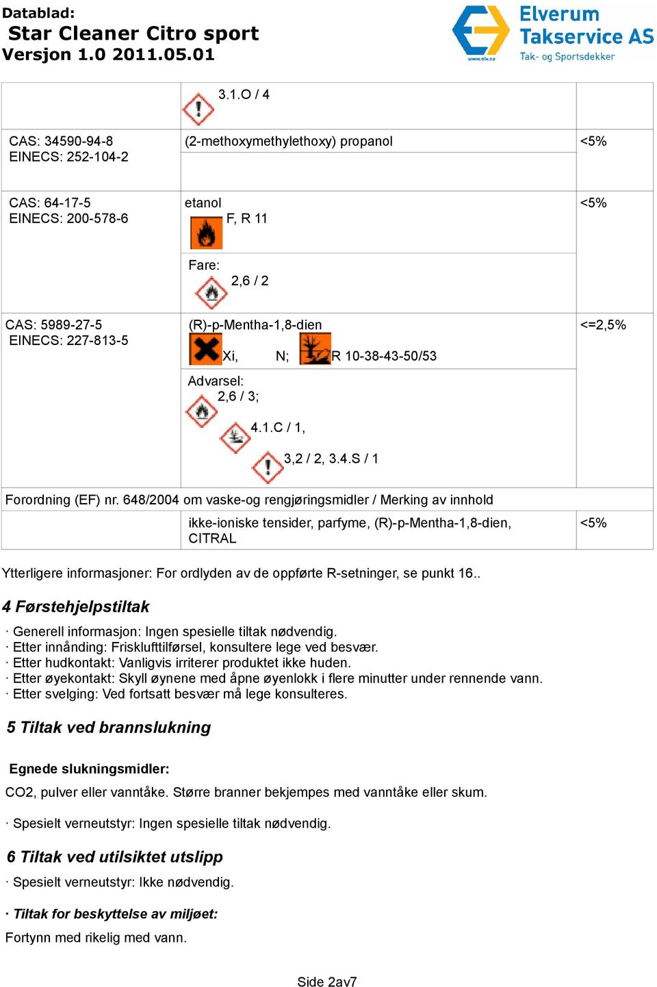 648/2004 om vaske-og rengjøringsmidler / Merking av innhold ikke-ioniske tensider, parfyme, (R)-p-Mentha-1,8-dien, CITRAL <5% Ytterligere informasjoner: For ordlyden av de oppførte R-setninger, se