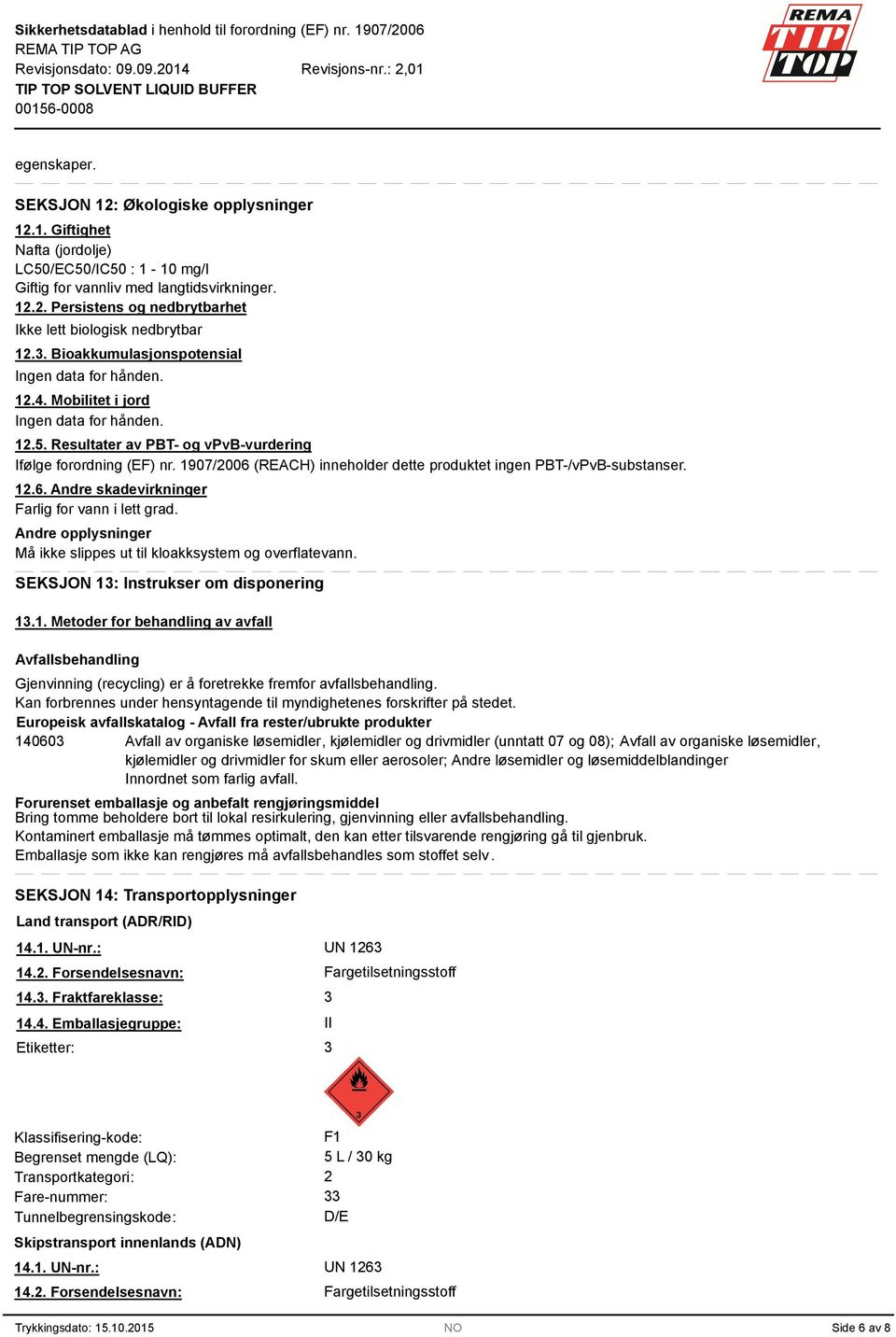 1907/2006 (REACH) inneholder dette produktet ingen PBT-/vPvB-substanser. 12.6. Andre skadevirkninger Farlig for vann i lett grad.